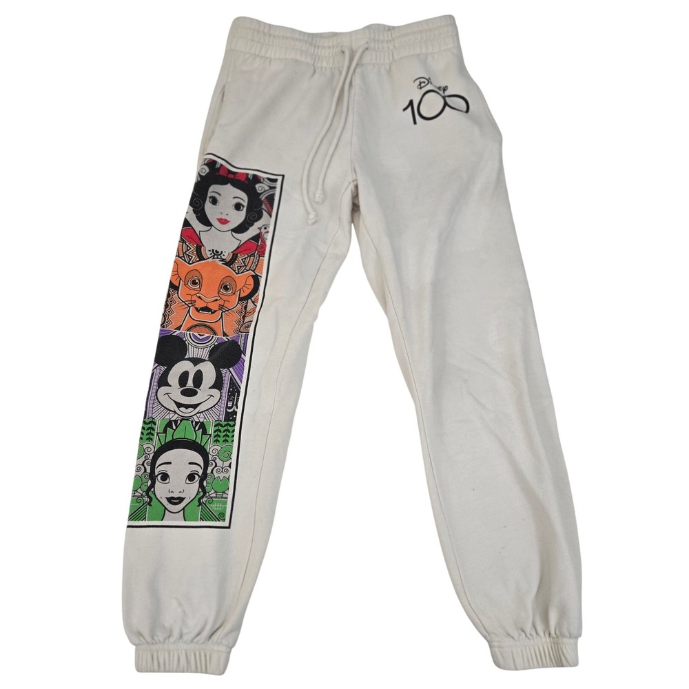 Disney 100 Anniversary Sweatpants Juniors M 7-9 Cream Snow White Mickey Joggers‎